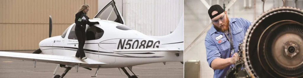 Image 1: Female student exits LSC airplane in front of hangar. Image 2: Student working on airplane engine parts.