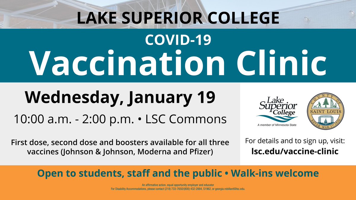 LSC and St. Louis County will host a COVID-19 vaccination clinic on Wednesday, 1/19, 10 am - 2 pm, in LSC Commons. Johnson &...
