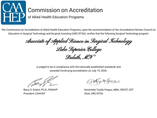 CAAHEP certificate awarding continued accreditation to Lake Superior College’s Surgical Technology program on July 15, 2026.