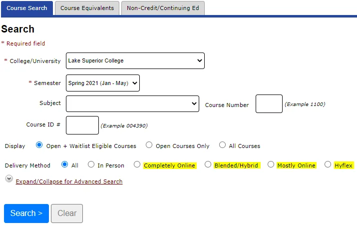 e-Services course search page with online delivery methods highlighted