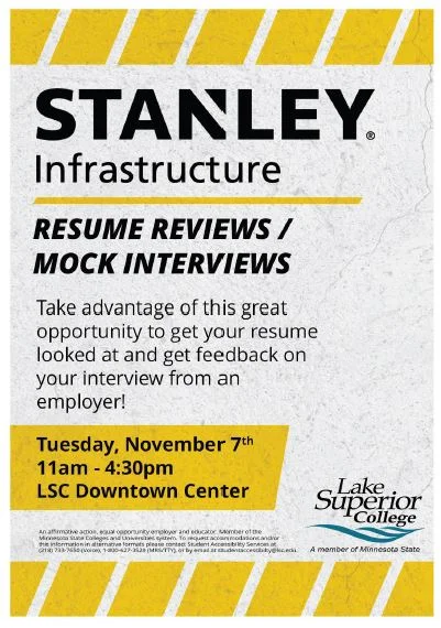Resume Reviews / Mock Interviews for LSC student by STANLEY Infrastructure