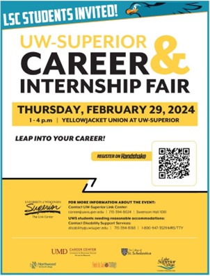 UW-Superior Career Fair is Thursday, February 29 at 1:00 to 4:00 p.m.