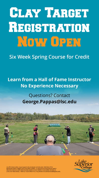 Clay Target Registration is now open. Six week spring course for credit. Learn from a hall of fame instructor, no experience necessary. Questions? Cointact George Pappas.