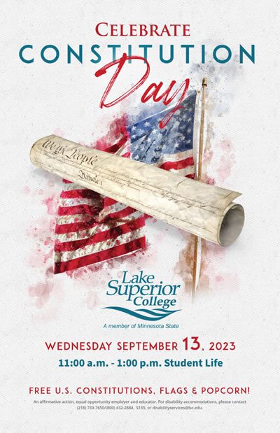 Celebrate Constitution Day at L S C on Thursday, September 13, 2023 at 11:00 a.m. to 1:00 p.m. at Student Life.