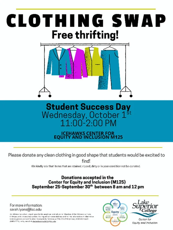 Fall Clothing Swap at Student Success Day is on October 1, 11am to 2pm in the IceHawks Center for Inclusion M125. 