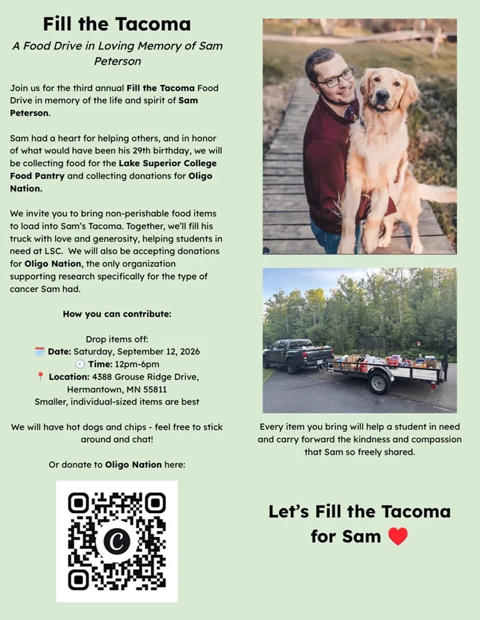 Fill the Tacoma food drive for Sam Peterson is on September 12 at 12pm to 6pm at 4388 Grouse Ridge Drive, Harmantown, MN.