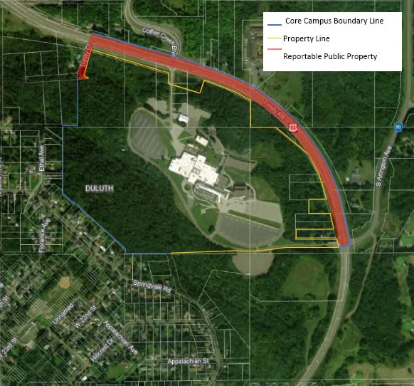 Map of the LSC Campus with the Core Campus Boundary Line, Property Line and Reportable Public Property line shown.