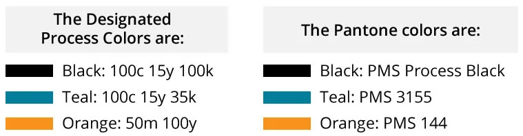 The IceHawk Logo designated process colors are Black is 100c15y,100k, Teal is 100c15y35k, Orange is 50m100y. The Pantone colors are Black is Process Black, Teal is PMS 3155, Orange is PMS 144.
