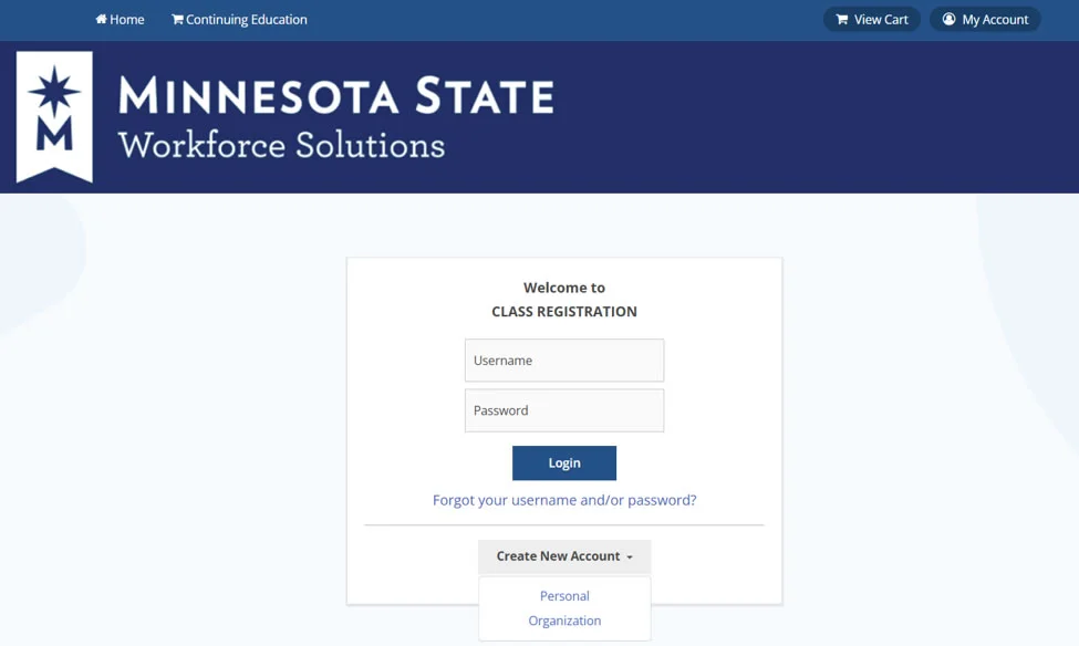 Minnesota State Workforce Solutions Class Registration Login Screen