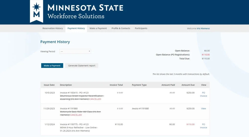 Payment History screen screenshot