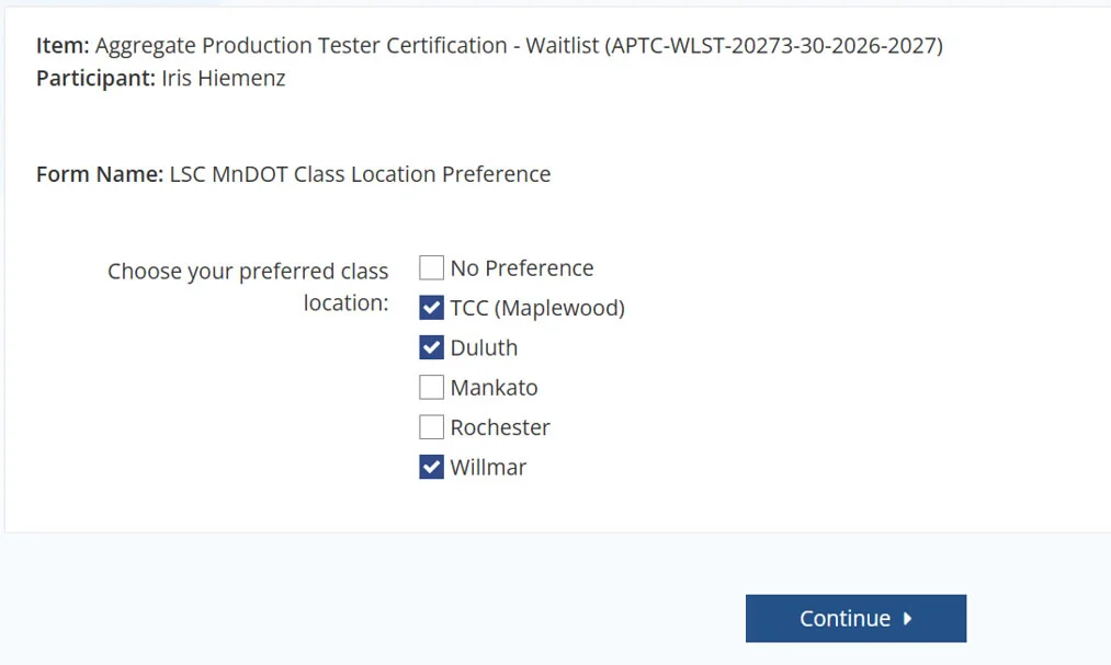 Screenshot of Question 1 - Choose your preferred class location