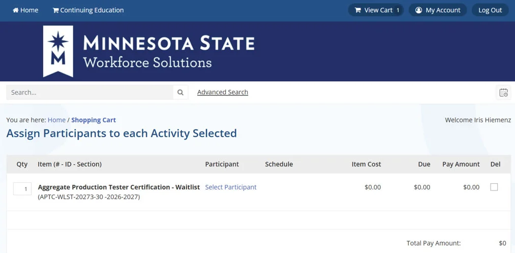 Screenshot of the Select a Participant Link