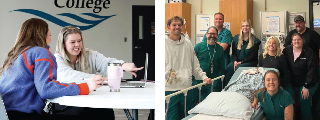 Two students studying in the Commons at LSC and a group of Respiratory Therapy students posing for a photo at LSC