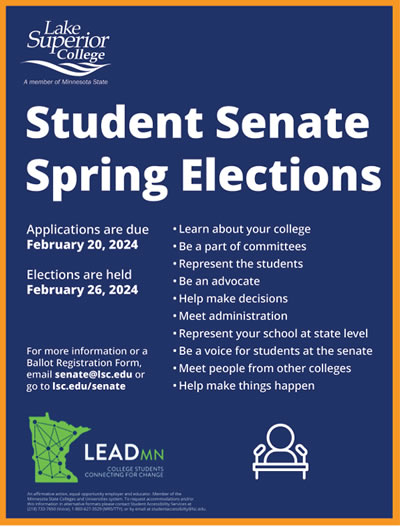 Student Senate Spring Elections. Applications are due on February 20, 2024. Elections are held on February 26, 2024.