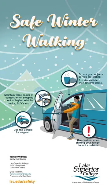 Winter Walking Tips: Maintain three points of contact when stepping out of higher vehicles (trucks, SUVs, etc). Do not grab objects as you are existing. Exit the vehicle then retrieve items. Use the vehicle for support and use caution when shifting your weight to exit the vehicle.