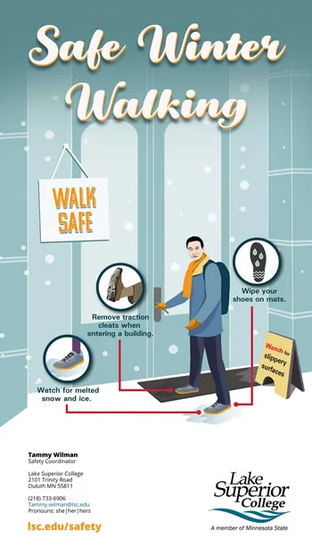 Winter Walking Tips: remove traction cleats when entering a building, wipe your shoes on mats, watch for melted snow and ice, watch for slippery surfaces.